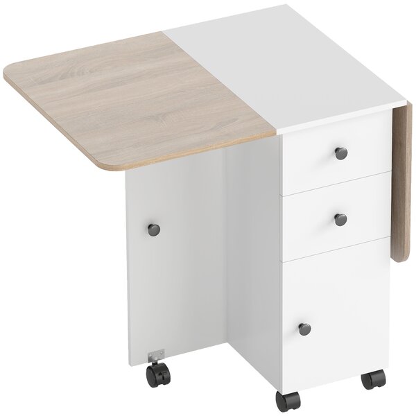 HOMCOM Tavolo Pieghevole con 2 Cassetti e Armadietto, 6 Rotelle e Freni, 120x60x76.5 cm, Bianco e Rovere | Aosom Italy