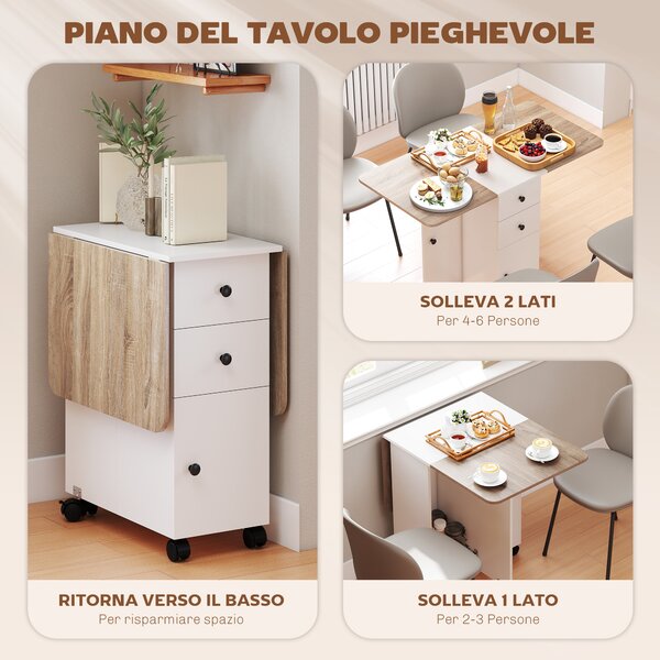 HOMCOM Tavolo Pieghevole con 2 Cassetti e Armadietto, 6 Rotelle e Freni, 120x60x76.5 cm, Bianco e Rovere | Aosom Italy