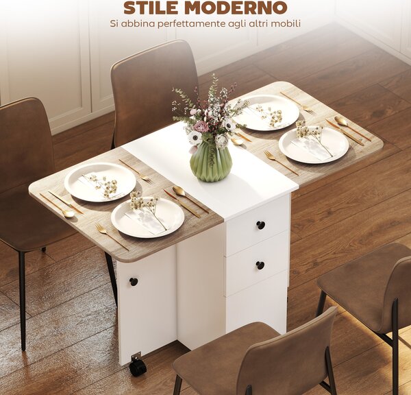 HOMCOM Tavolo Pieghevole con 2 Cassetti e Armadietto, 6 Rotelle e Freni, 120x60x76.5 cm, Bianco e Rovere | Aosom Italy