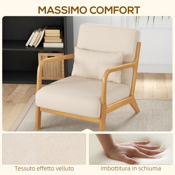 HOMCOM Poltroncina in Velluto con Struttura in Legno, Imbottitura con Molle a S e Cuscino, 61x78x76 cm, Beige | Aosom Italy