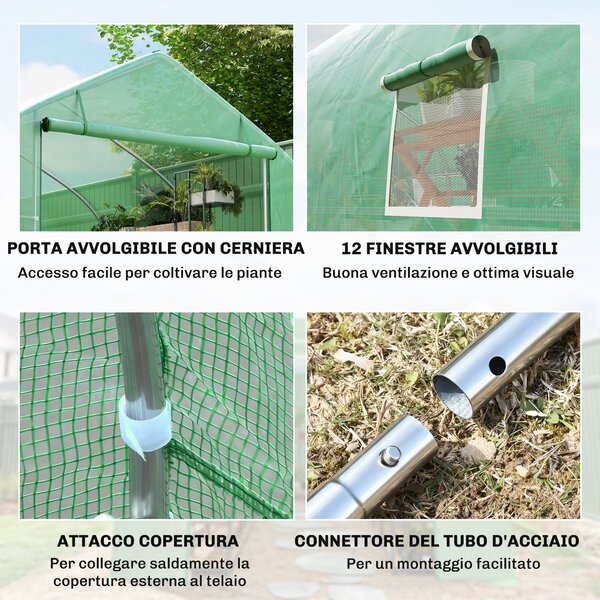 Outsunny Serra da Giardino a Tunnel 8x3x2m in PE e Acciaio con Porta Avvolgibile e Finestre, Verde | Aosom Italy