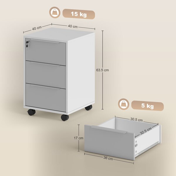 HOMCOM Schedario per Ufficio a 3 Cassetti con Chiavi di Sicurezza e 4 Ruote, in Legno, 40x40x63.5 cm, Bianco e Grigio | Aosom Italy