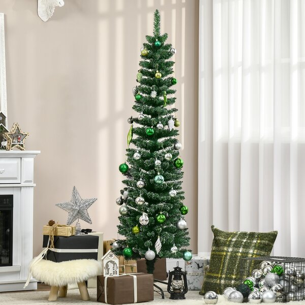 Albero di Natale Innevato Slim Ø48x165 cm con 443 Rami e Base Rimovibile Pieghevole in PVC e Metallo Verde