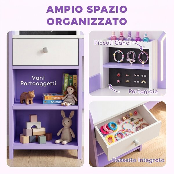 AIYAPLAY Set Toeletta Trucco Bambina 2 in 1 con Sgabello e Specchio, Luci a 2 Colori, Portagioielli, Cassetto, Viola | Aosom Italy
