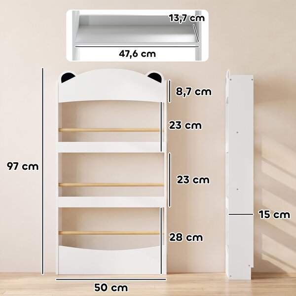 AIYAPLAY Libreria Montessoriana per Bambini 3-8 Anni a Forma di Orso con 4 Ripiani in Legno, 50x15x97 cm, Bianco | Aosom Italy