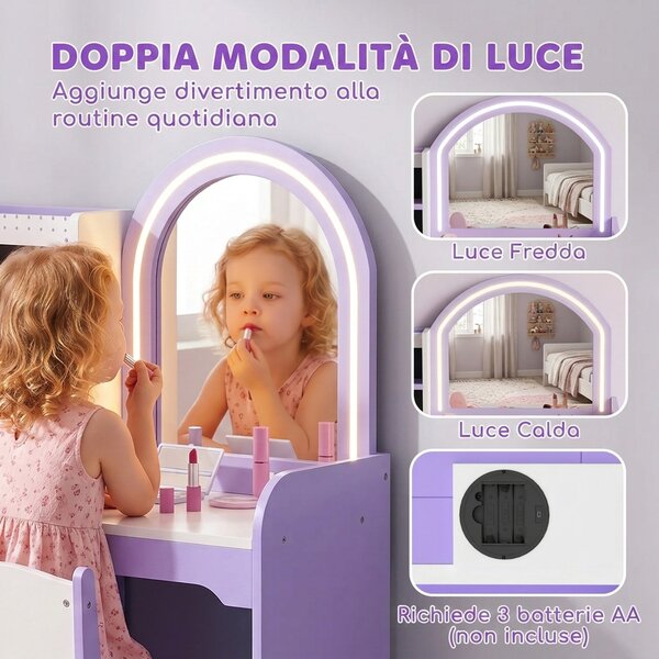 AIYAPLAY Set Toeletta Trucco Bambina 2 in 1 con Sgabello e Specchio, Luci a 2 Colori, Portagioielli, Cassetto, Viola | Aosom Italy