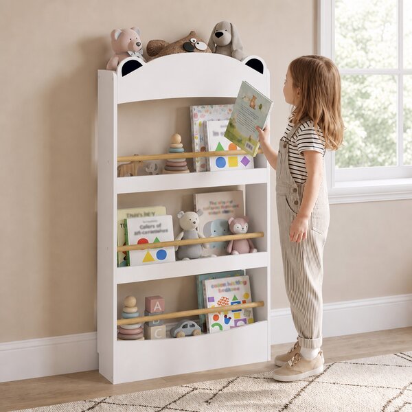 AIYAPLAY Libreria Montessoriana per Bambini 3-8 Anni a Forma di Orso con 4 Ripiani in Legno, 50x15x97 cm, Bianco | Aosom Italy