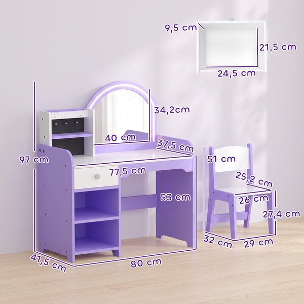 AIYAPLAY Set Toeletta Trucco Bambina 2 in 1 con Sgabello e Specchio, Luci a 2 Colori, Portagioielli, Cassetto, Viola | Aosom Italy