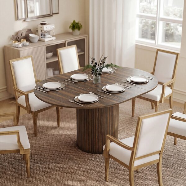 Tavolo Espandibile per 6-8 Persone da Rotondo a Ovale 150x110x75 cm con Base a Piedistallo in MDF e Acciaio Color Noce Scuro