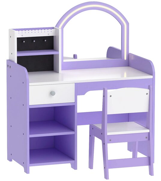 AIYAPLAY Set Toeletta Trucco Bambina 2 in 1 con Sgabello e Specchio, Luci a 2 Colori, Portagioielli, Cassetto, Viola | Aosom Italy