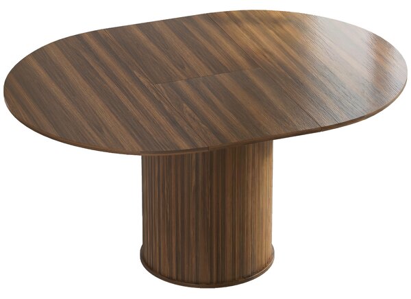 Tavolo Espandibile per 6-8 Persone da Rotondo a Ovale 150x110x75 cm con Base a Piedistallo in MDF e Acciaio Color Noce Scuro