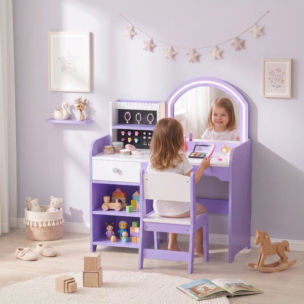 AIYAPLAY Set Toeletta Trucco Bambina 2 in 1 con Sgabello e Specchio, Luci a 2 Colori, Portagioielli, Cassetto, Viola | Aosom Italy
