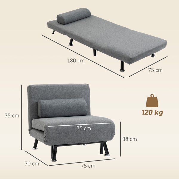 HOMCOM Poltrona Letto con Schienale Regolabile in 5 Posizioni, Tessuto Effetto Lino e Acciaio, 75x70x75 cm, Grigio | Aosom Italy
