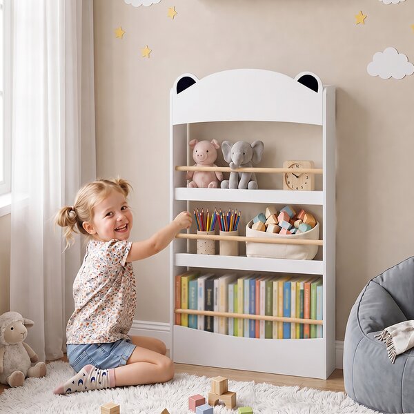 AIYAPLAY Libreria Montessoriana per Bambini 3-8 Anni a Forma di Orso con 4 Ripiani in Legno, 50x15x97 cm, Bianco | Aosom Italy