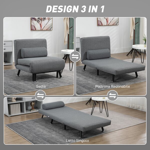 HOMCOM Poltrona Letto con Schienale Regolabile in 5 Posizioni, Tessuto Effetto Lino e Acciaio, 75x70x75 cm, Grigio | Aosom Italy