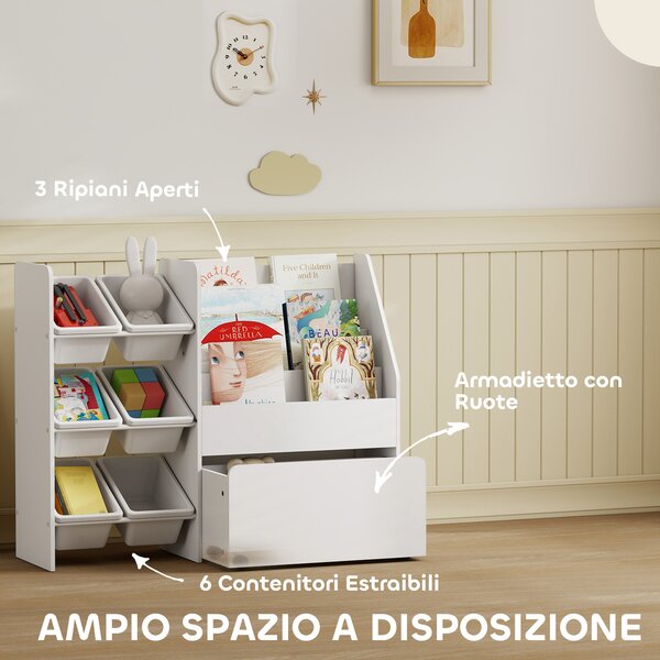AIYAPLAY Scaffale Portagiochi con 6 Cesti, 3 Ripiani e Box Inferiore, in Legno, Plastica e Acciaio, 100x30x80 cm, Bianco | Aosom Italy