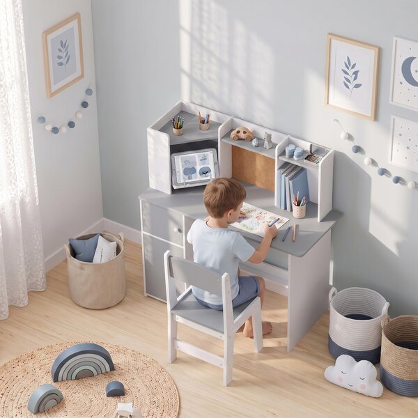 AIYAPLAY Set Scrivania e Sedia per Bambini con Portapenne, Supporto Regolabile per Tablet, Armadietti e Bacheca, Grigio | Aosom Italy