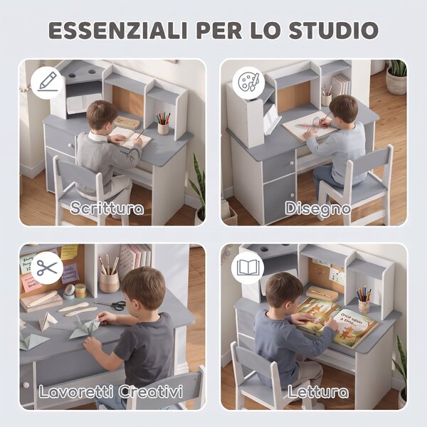 AIYAPLAY Set Scrivania e Sedia per Bambini con Portapenne, Supporto Regolabile per Tablet, Armadietti e Bacheca, Grigio | Aosom Italy