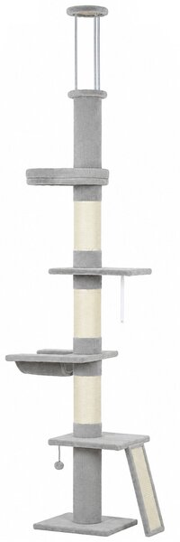 Tiragraffi per Gatti a Soffitto 40x40x230-260 cm con 3 Pali Graffiatoi e Amaca in Truciolato Peluche e Sisal Grigio Chiaro
