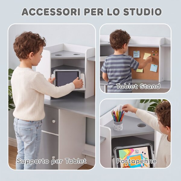 AIYAPLAY Set Scrivania e Sedia per Bambini con Portapenne, Supporto Regolabile per Tablet, Armadietti e Bacheca, Grigio | Aosom Italy