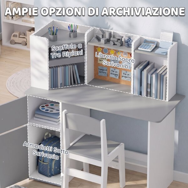 AIYAPLAY Set Scrivania e Sedia per Bambini con Portapenne, Supporto Regolabile per Tablet, Armadietti e Bacheca, Grigio | Aosom Italy