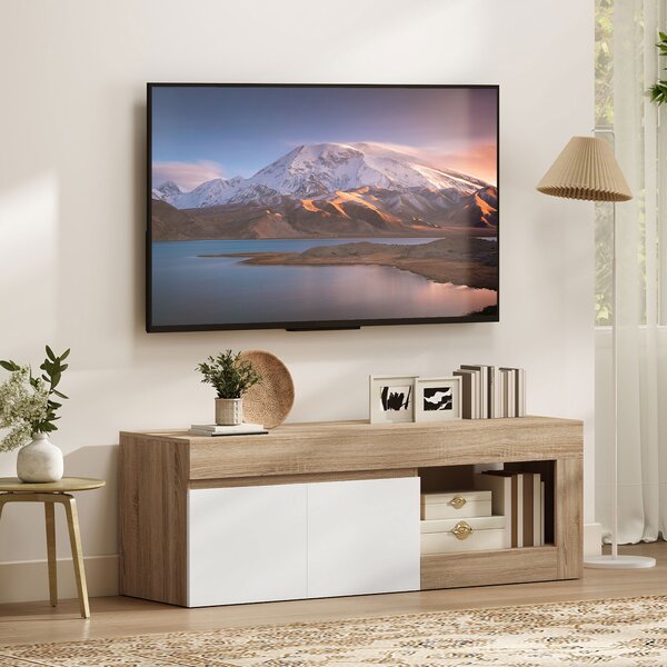 HOMCOM Mobile TV Moderno 60" max con Armadietto 2 Ante e Ripiano Aperto, 140x40x48 cm, Bianco e color Legno | Aosom Italy