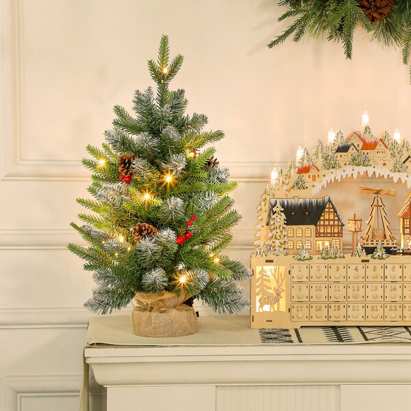 Mini Albero di Natale Ø43x60 cm con Luci LED 141 Rami con Pigne e Bacche Rosse Base in Cemento Verde