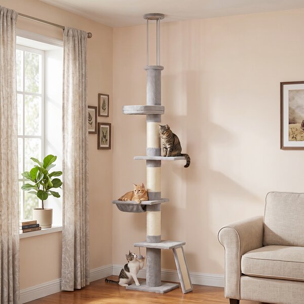 Tiragraffi per Gatti a Soffitto 40x40x230-260 cm con 3 Pali Graffiatoi e Amaca in Truciolato Peluche e Sisal Grigio Chiaro