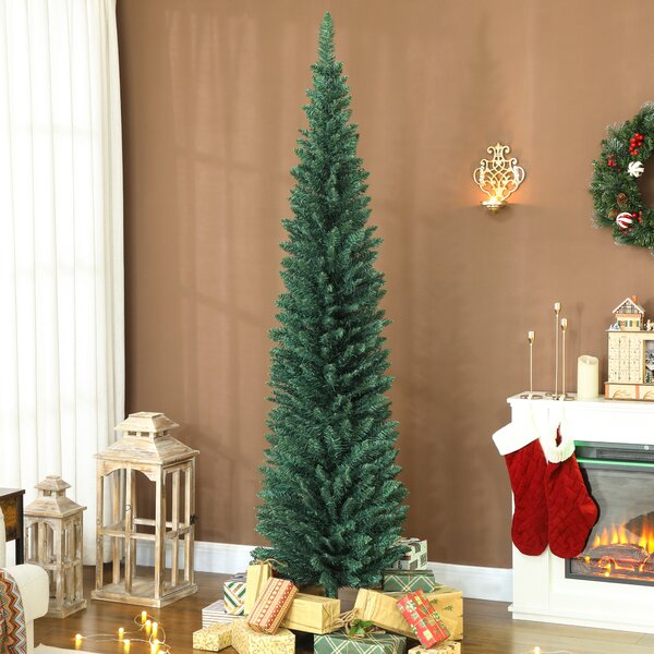 Albero di Natale Artificiale Slim 55x55x210 cm con 401 Rami a Forma di Abete e Base in Plastica Verde