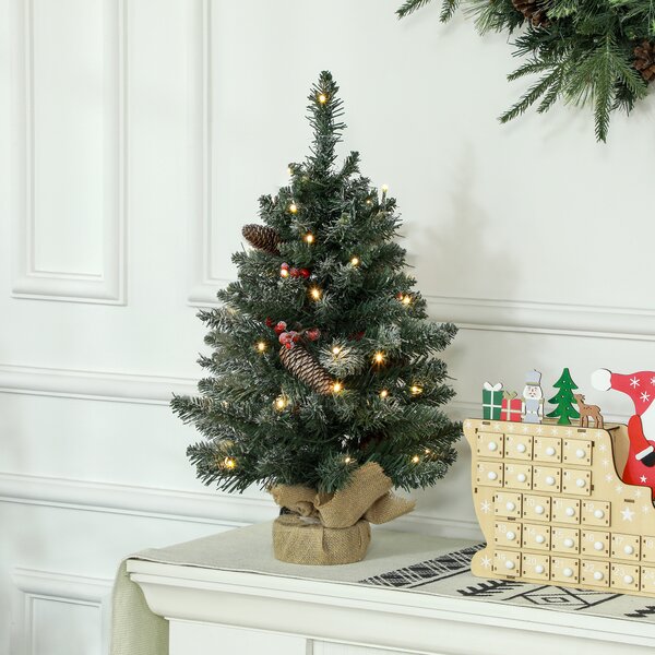 Mini Albero di Natale Ø35x60 cm con Luci Incorporate 86 Rami Pigne e Bacche Rosse Base in Cemento Verde
