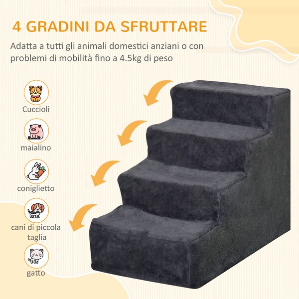PawHut Scaletta per Cani Portatile a 4 Gradini, in Tessuto Vellutato Sfoderabile e Legno, 60x35x44 cm, Grigio Scuro | Aosom Italy
