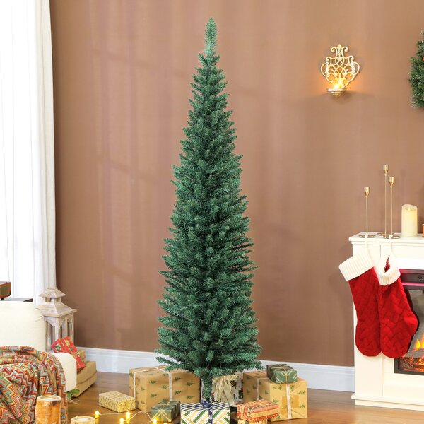 Albero di Natale Artificiale Slim 48x48x180 cm con 321 Rami a Forma di Abete e Base in Plastica Verde