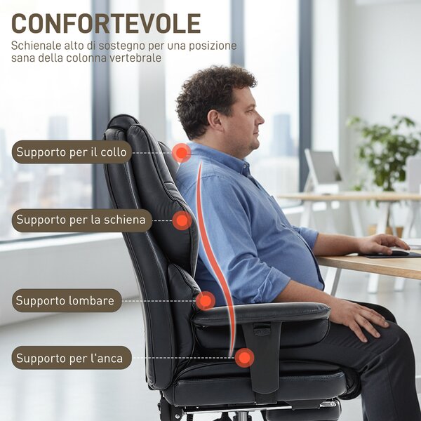 HOMCOM Sedia da Ufficio con Poggiapiedi e Poggiatesta, in Pelle PU, Schiuma e Metallo, 76x73x117-125 cm, Nero | Aosom Italy