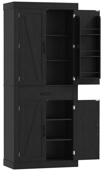 HOMCOM Dispensa Cucina in stile Country con 2 Armadietti, 6 Ripiani e Cassetto, in Legno, 76x39.5x183.5 cm, Nero | Aosom Italy