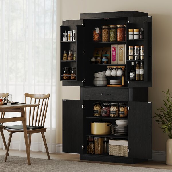 HOMCOM Dispensa Cucina in stile Country con 2 Armadietti, 6 Ripiani e Cassetto, in Legno, 76x39.5x183.5 cm, Nero | Aosom Italy