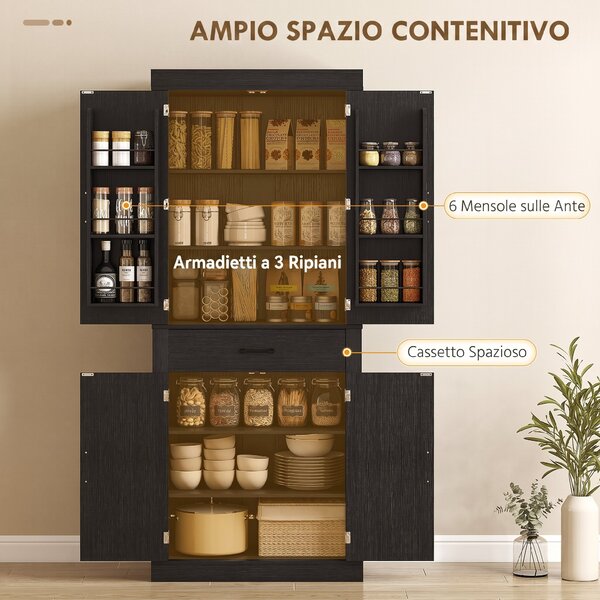 HOMCOM Dispensa Cucina in stile Country con 2 Armadietti, 6 Ripiani e Cassetto, in Legno, 76x39.5x183.5 cm, Nero | Aosom Italy