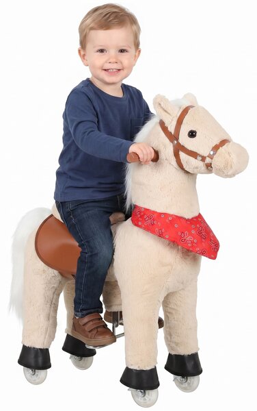 AIYAPLAY Cavallo a dondolo in peluche con testa rotante, ruote scorrevoli e suoni di nitriti, da 2 anni, marrone chiaro | Aosom Italy