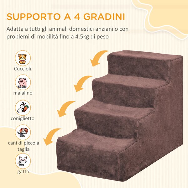 PawHut Scaletta per Cani a 4 Gradini con Rivestimento Sfoderabile e Lavabile, Portatile, 60x35x44 cm, Marrone | Aosom Italy