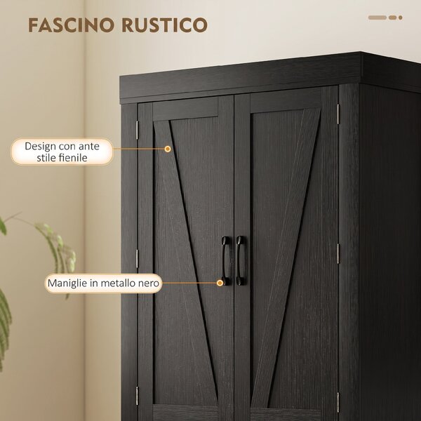 HOMCOM Dispensa Cucina in stile Country con 2 Armadietti, 6 Ripiani e Cassetto, in Legno, 76x39.5x183.5 cm, Nero | Aosom Italy