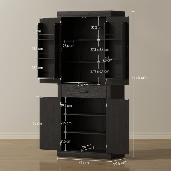 HOMCOM Dispensa Cucina in stile Country con 2 Armadietti, 6 Ripiani e Cassetto, in Legno, 76x39.5x183.5 cm, Nero | Aosom Italy