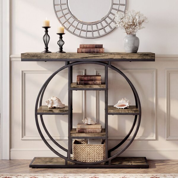 HOMCOM Tavolo Consolle Industriale con Ripiani e Telaio in Acciaio Circolare, 100x30x81.5 cm, Marrone Rustico | Aosom Italy