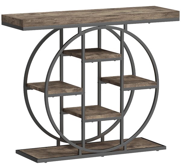 HOMCOM Tavolo Consolle Industriale con Ripiani e Telaio in Acciaio Circolare, 100x30x81.5 cm, Marrone Rustico | Aosom Italy