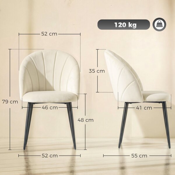 HOMCOM Set di 2 Sedie Sala da Pranzo con Schienale a Conchiglia e Gambe in Metallo, in Velluto, Crema | Aosom Italy