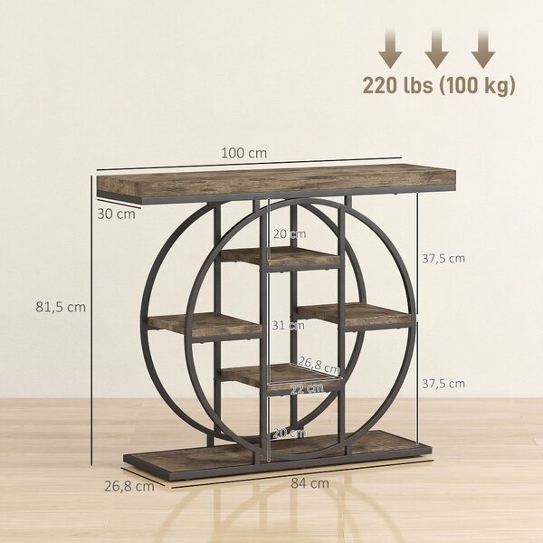 HOMCOM Tavolo Consolle Industriale con Ripiani e Telaio in Acciaio Circolare, 100x30x81.5 cm, Marrone Rustico | Aosom Italy