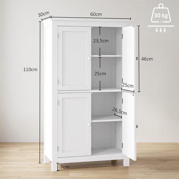 HOMCOM Mobile Bagno con 4 Ante e Ripiani Regolabili, per Lavanderia Salotto Soggiorno Cucina, 60x30x110 cm, Bianco | Aosom Italy