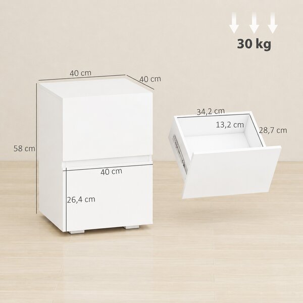 HOMCOM Set di 2 Comodini da Camera da Letto con 2 Cassetti, Capacità 30 kg, 40x40x58 cm, Bianco | Aosom Italy