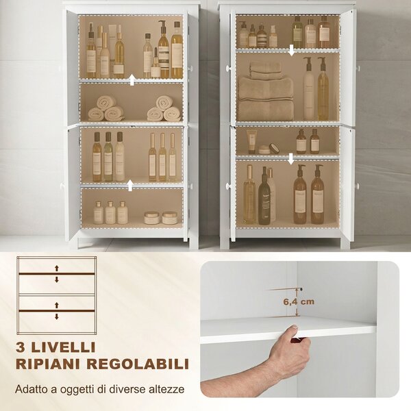 HOMCOM Mobile Bagno con 4 Ante e Ripiani Regolabili, per Lavanderia Salotto Soggiorno Cucina, 60x30x110 cm, Bianco | Aosom Italy