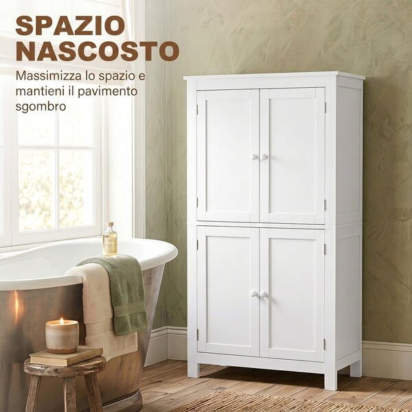HOMCOM Mobile Bagno con 4 Ante e Ripiani Regolabili, per Lavanderia Salotto Soggiorno Cucina, 60x30x110 cm, Bianco | Aosom Italy