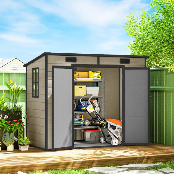 Outsunny Casetta da Giardino 2.54m² in PP e Alluminio con Pavimento, Tetto Inclinato, Doppia Porta Bloccabile, Finestra, Guanti, Marrone Chiaro | Aosom Italy