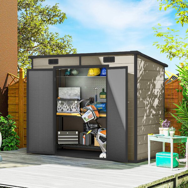 Outsunny Casetta da Giardino 2.54m² in PP e Alluminio con Pavimento, Tetto Inclinato, Doppia Porta Bloccabile, Finestra, Guanti, Marrone Chiaro | Aosom Italy